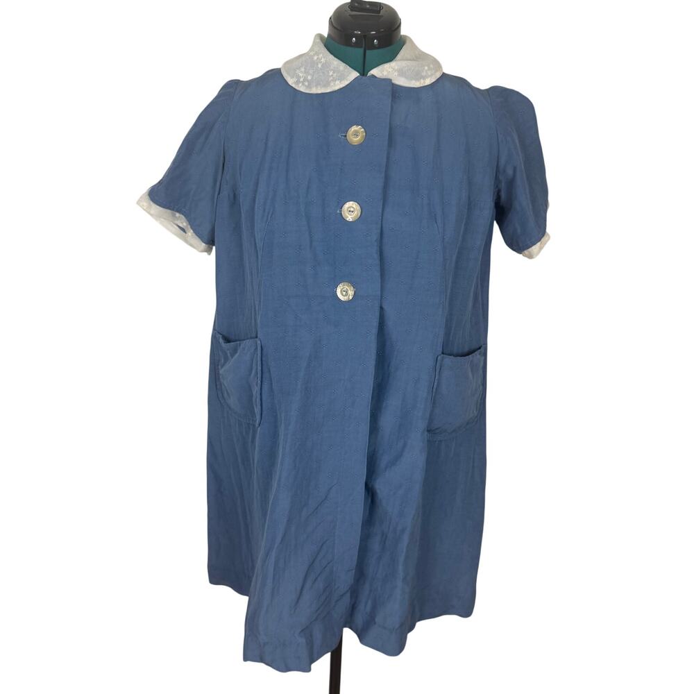 Vintage 1950s Blue Cotton Shift Dress Plus Size Floral Collar House Dress Smock